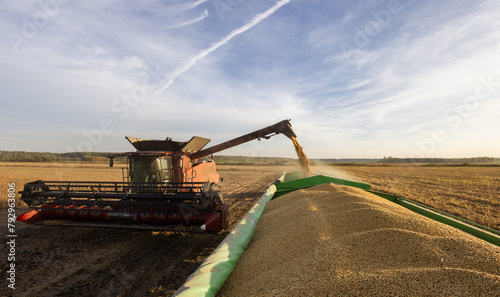 Combine transferring soybeans after harvest © Dusan Kostic