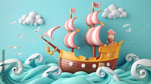 Playful 3D Cartoon of a Pirate Ship on Wavy Seas Suitable for Adventure Themed Content