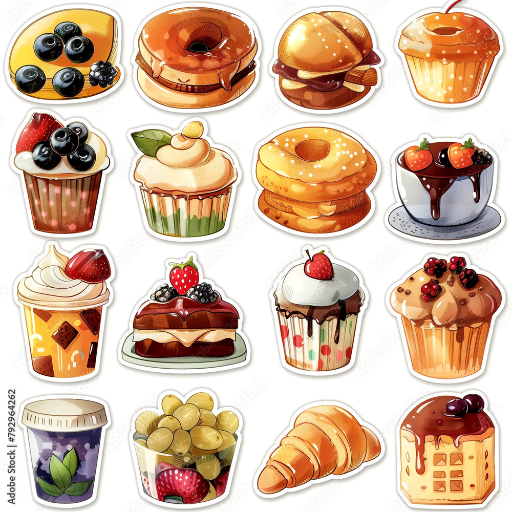 A collection of various pastries and desserts, including donuts, cupcakes A collection of various pastries and desserts, including donuts, cupcakes