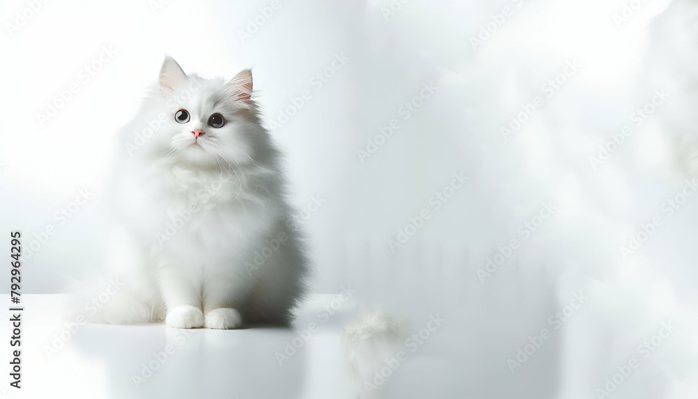 A white cat with green eyes and a white nose with white isolated background, generative ai