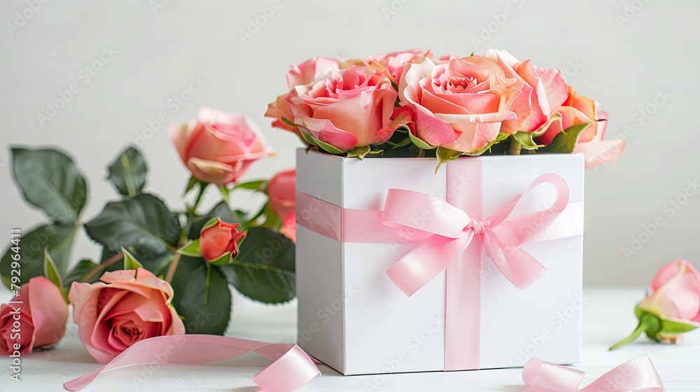 A beautifully wrapped white gift box topped with a delicate pink ribbon accompanied by a vibrant bouquet of roses all set against a crisp white backdrop Perfect for celebrating Valentine s A beautifully wrapped white gift box topped with a delicate pink ribbon accompanied by a vibrant bouquet of roses all set against a crisp white backdrop Perfect for celebrating Valentine s