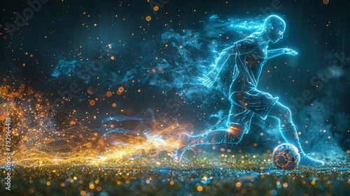 This is a graphic of a wireframe soccer player shooting a ball with a lighting effect. photo