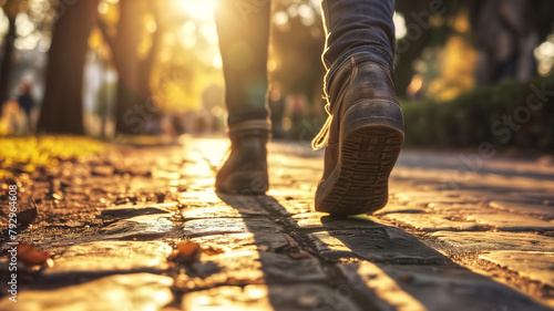 Person walking on cobblestone path at sunset. Casual urban life and journey concept. Close-up of shoes with golden hour light for lifestyle and travel design with copy space.