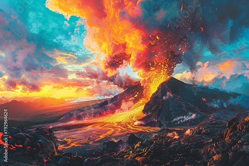 Experience the awe-inspiring sight of an erupting volcano captured from a safe distance, showcasing nature's raw power and the destructive beauty of its forces in action photo