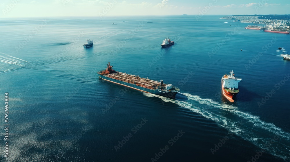 Aerial view of cargo ship in the sea. Cargo ship in the sea.