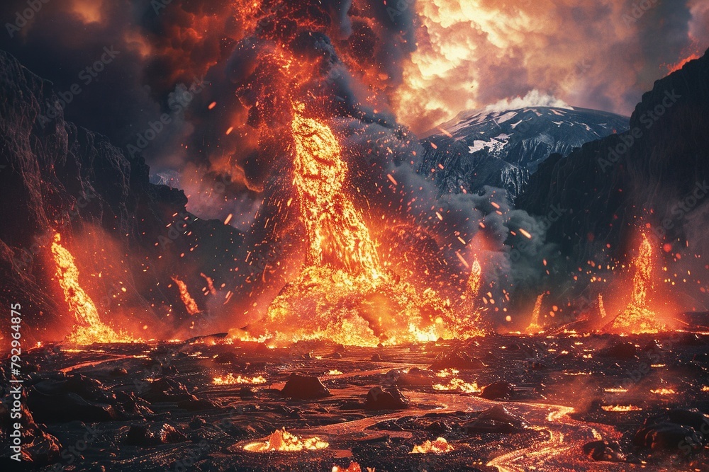 Experience the awe-inspiring sight of an erupting volcano captured from a safe distance, showcasing nature's raw power and the destructive beauty of its forces in action Experience the awe-inspiring sight of an erupting volcano captured from a safe distance, showcasing nature's raw power and the destructive beauty of its forces in action