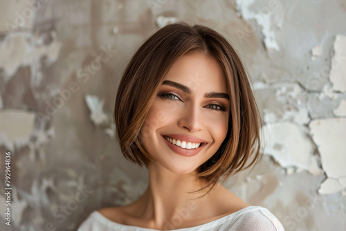 Smiling Beautiful Woman With Brown Short Hair. Haircut. Hairstyle. Fringe. Professional Makeup.