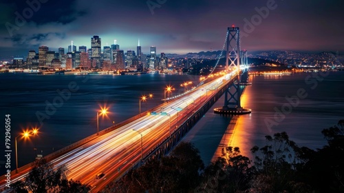 A city bridge aglow with the lights of passing cars traveling across it at night