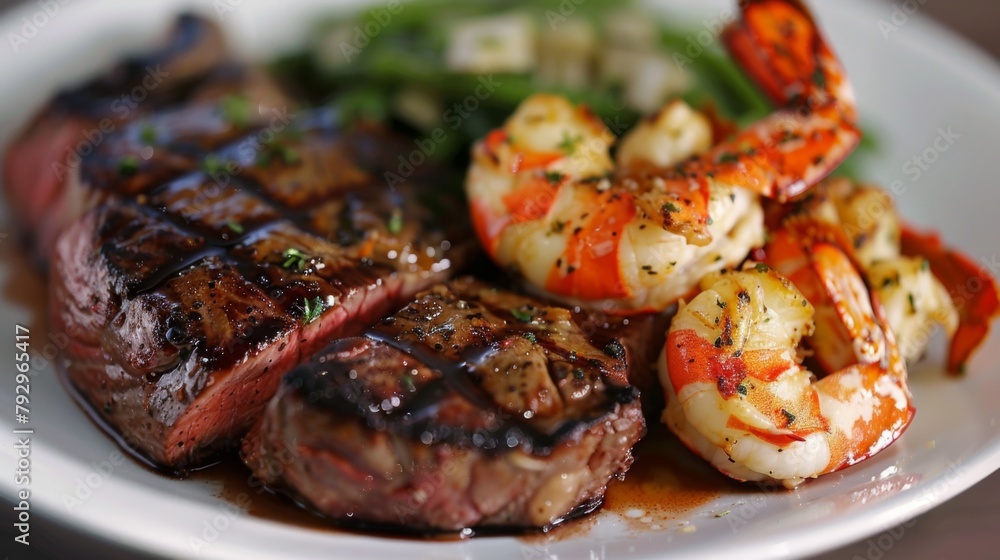 A classic surf and turf dinner featuring a tender steak and succulent lobster tail A classic surf and turf dinner featuring a tender steak and succulent lobster tail