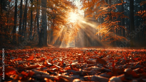 Sunlight streams through an autumnal forest, casting a warm glow over a carpet of fallen leaves and creating a tranquil atmosphere.