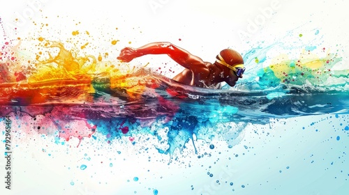 Artistic silhouette of a man swimming, with explosive splash color paint effects, ideal for sports advertisements, on a stark isolated backdrop