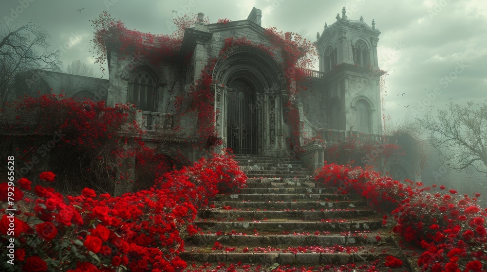 Mystical abandoned mansion surrounded by vibrant red roses on a foggy day - obrazy, fototapety, plakaty 