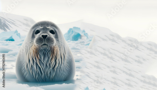 Solitary Weddell seal resting on an ice floe gazing curiously at the camera, generative ai photo