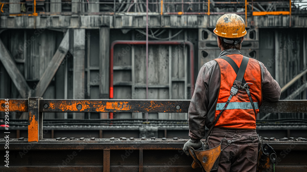 Construction worker in a reflective vest and hard hat stands observing an industrial worksite.