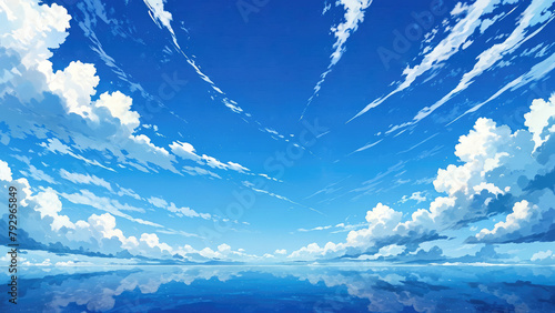 beautiful anime sky and clouds over water