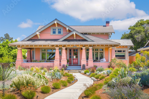 The elegant frontage of a light coral craftsman cottage style house, with a triple pitched roof, featuring drought-resistant landscaping and a minimalist pathway, showcasing eco-conscious design. photo