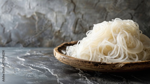 Shirataki noodles in wooden plate on gray background. photo