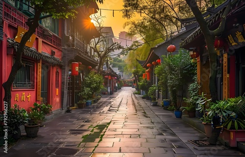 Sunrise in an old serene alley adorned with red lanterns