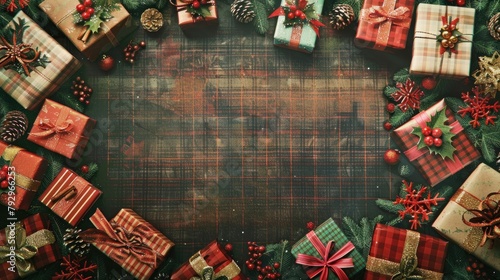 the essence of Christmas morning with a border of festively wrapped presents against a cozy plaid background. photo