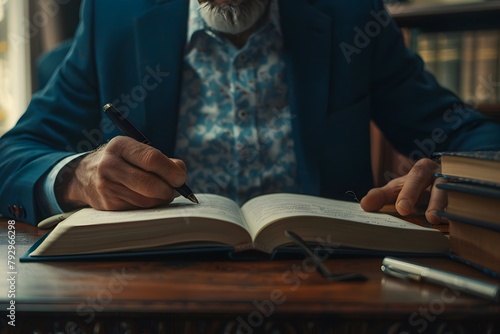 A distinguished man pensively scribes in a journal photo