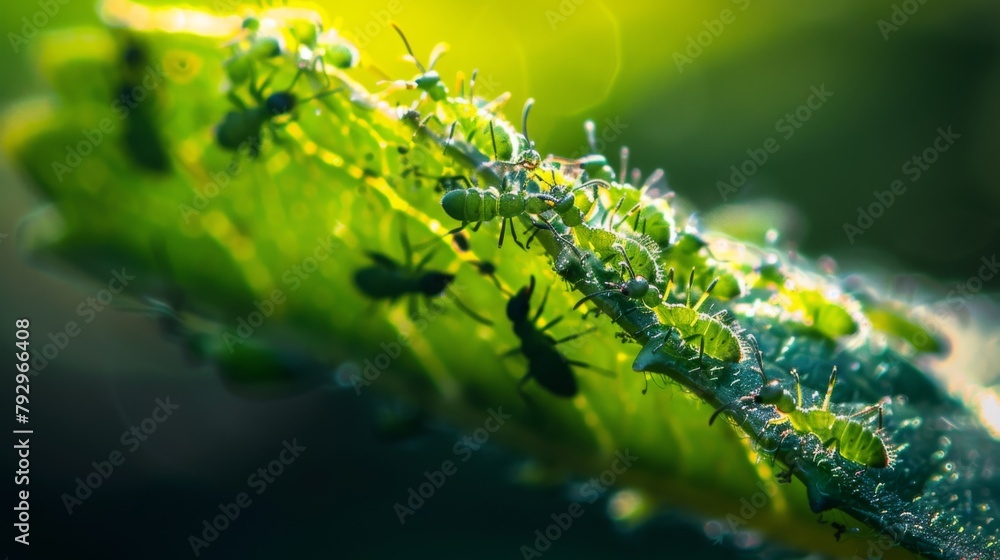A cluster of tiny aphids being tended to by ants on the surface of a leaf A cluster of tiny aphids being tended to by ants on the surface of a leaf