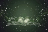 A book is open to a page with stars and a galaxy