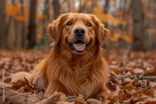 Portrait photo of a female golden retriever dog, beautiful fur, happy expression on the face, sitting on autumn leaves in a forest. Created with Ai