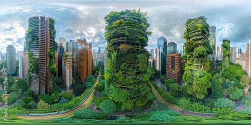 An immersive 360-degree equirectangular panorama of So Paulo in the future  with vertical gardens covering skyscrapers and high-rise