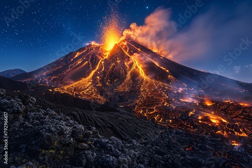Experience the awe-inspiring sight of an erupting volcano captured from a safe distance, showcasing nature's raw power and the destructive beauty of its forces in action