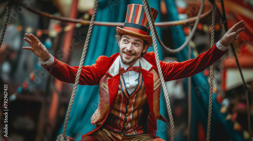 Joyful clown in a striped hat and vibrant red jacket standing amidst circus ropes.