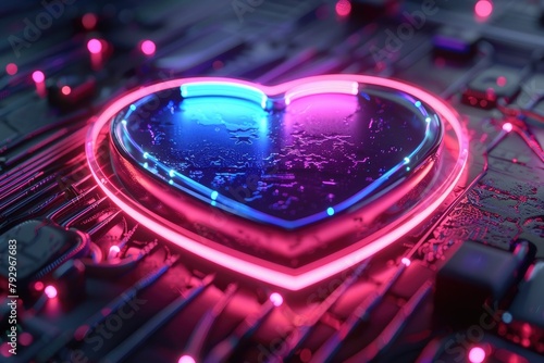 Pink and Blue Love Technology Concept with heart symbol as a neon light. Vibrant colored icon, on a black background with high tech floor. 3D Render
