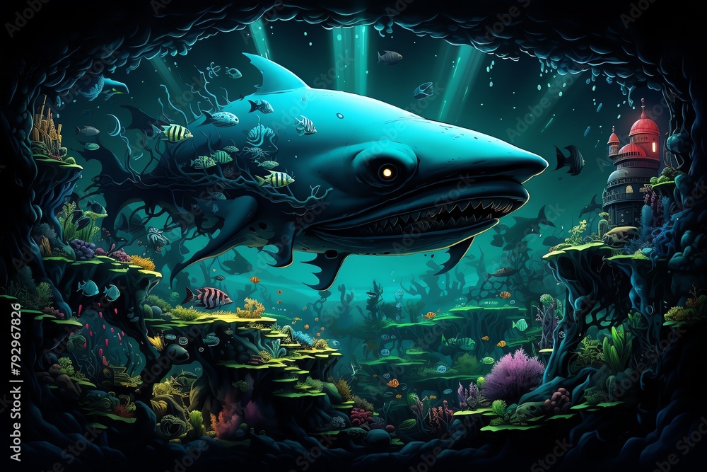 Transform the depths of the ocean into a pixel art masterpiece from a Worms-eye view Transform the depths of the ocean into a pixel art masterpiece from a Worms-eye view