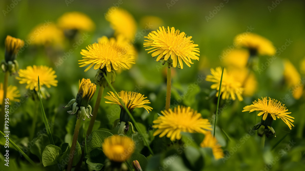 Bright yellow dandelions stand out in a lush field, signifying the start of spring. Bright yellow dandelions stand out in a lush field, signifying the start of spring.