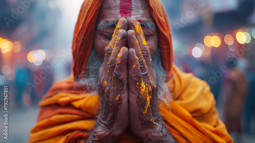 Sadhu in prayer with painted hands