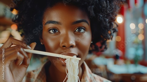 Young african american woman eating Shirataki noodles. photo