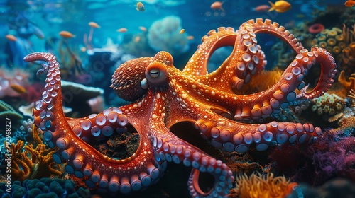 Majestic octopus embracing the vibrant reef underworld © Omtuanmuda