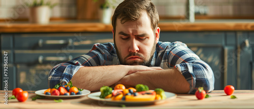 man sitting at table with almost nothing on plate looking at tiny little portion of fruit for lunch