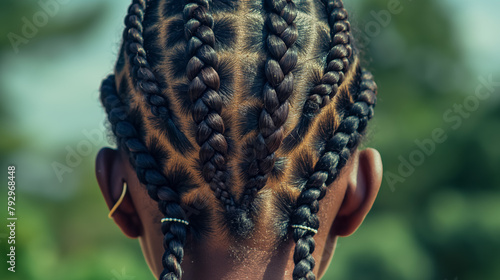 Close-up of a child’s head from behind, showing a pattern of complex braids on dark hair. photo