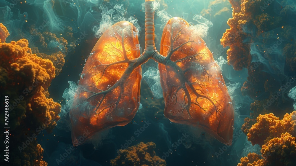 Illustrate the process of gas exchange in the lungs, depicting how oxygen is absorbed into the