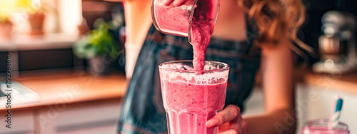 woman making berry smoothie in the kitchen. selective focus. photo