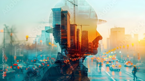 Leadership Fusion: CEO in Double Exposure with Architects and Construction Workers in Modern Setting. Concept Architecture, Leadership, Construction, Double Exposure, Modern Setting