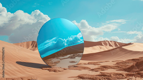 Irregular mirror shape on sand desert reflection landscape background