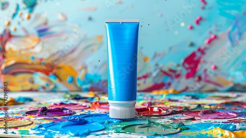 A blank acrylic paint tube mockup with a vibrant blue color, standing upright on a messy artist's palette with splatters.