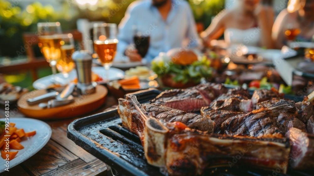 A family dinner celebration with everyone gathered around the table enjoying grilled steaks