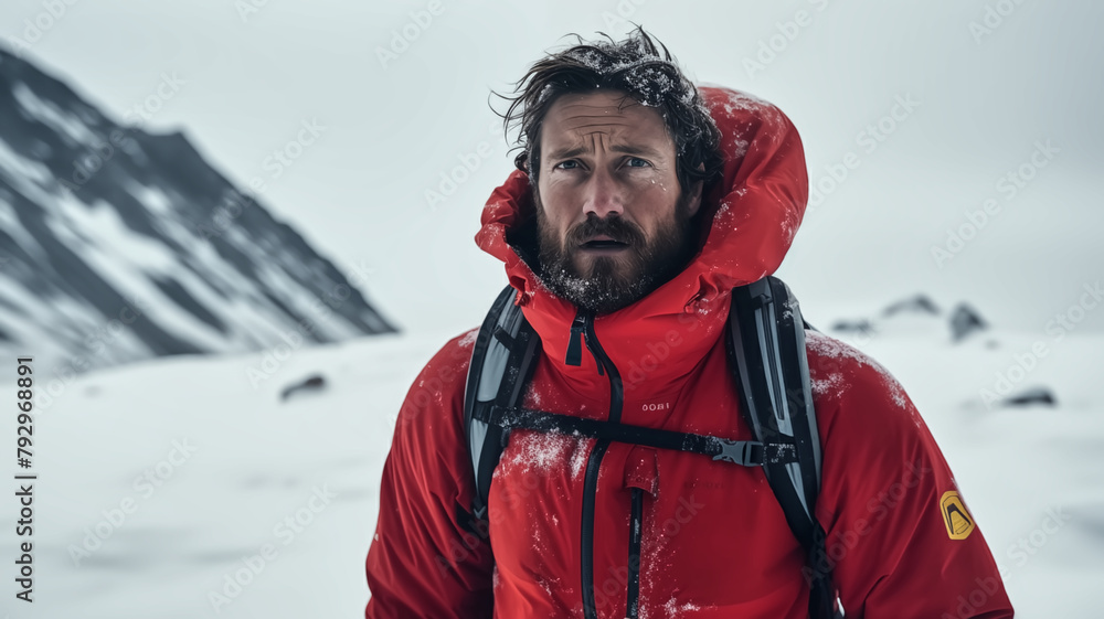 A bearded mountaineer in a red jacket confronts harsh, snowy mountain terrain, embodying adventure and perseverance.
