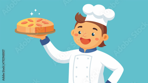 With a big smile on their face a young chef triumphantly holds up a golden brown apple pie their first successful attempt at the dessert.