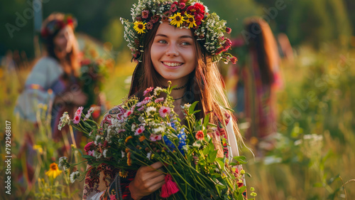 a young woman floats a wreath on Ivan Kupala. Selective focus. photo