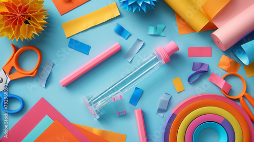 A blank glue stick mockup with a clear plastic body, lying on a child's desk with colorful construction paper and scissors.