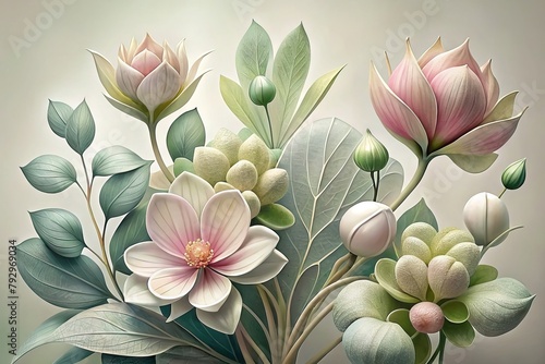  Illustration of flowers and plants in pastel colors. Generative AI