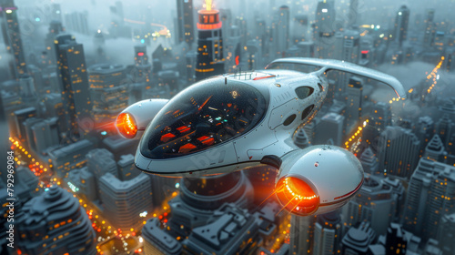 Capture the excitement of a flying taxi flying at night, with city lights twinkling below and the illuminated skyline stretching